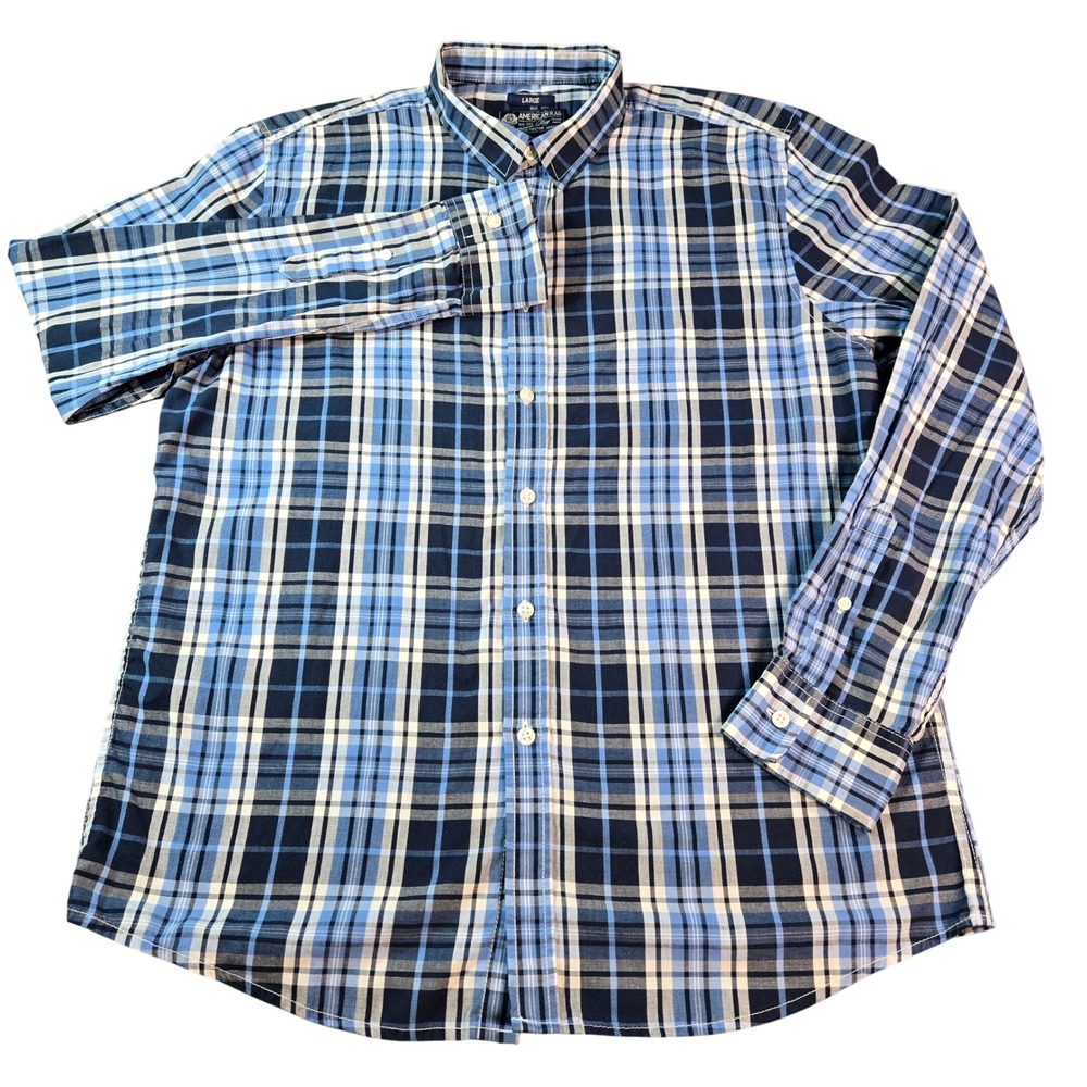 American Rag Mens Blue Plaid Long Sleeve Button Down Shirt Large Cotton Blend